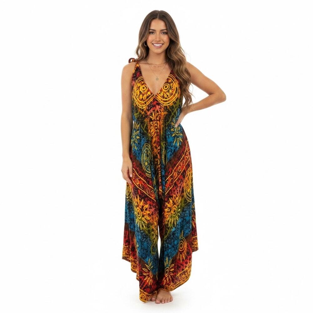 Boho Harem Hippie Indie Jumpsuit Tie Strap Handkerchief Hem Festival M/L Flowy